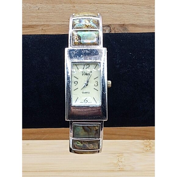 1980s Accutime K977 Vivani Abalone Inset Vintage Cuff Bracelet Watch - Picture 1 of 11